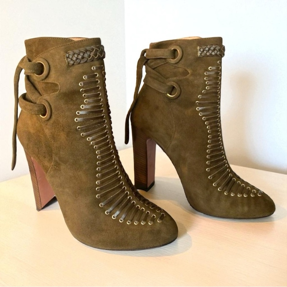 CLAUDIA SCHIFFER X AQUAZZURA HOLLAND SUEDE TIE-UP BOOTIES (SZ 37) (EUC)